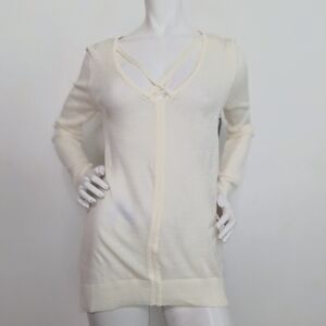 Poof Apparel NEW Cream Coquette Feminine Criss Cross Strappy Tunic Sweater Sz. M